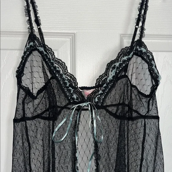 Victoria’s Secret Sheer Black Babydoll with Blue Lace Trim - Picture 2 of 8